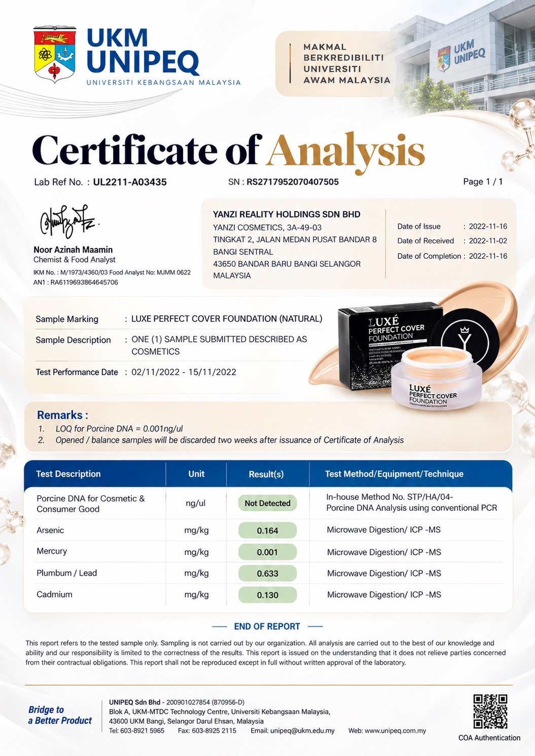 Sijil KKM dan LABTEST Luxe Perfect Cover
