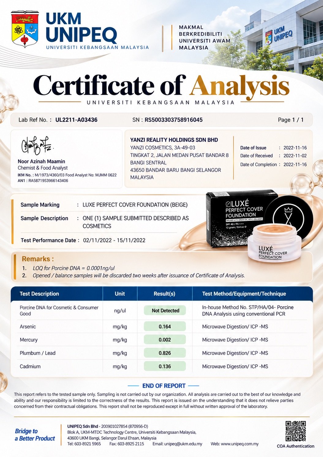 Sijil KKM dan LABTEST Luxe Perfect Cover